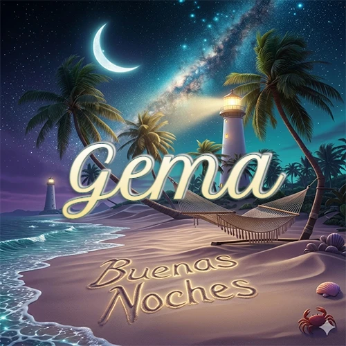 Escena nocturna mágica de una playa tropical con dos palmeras, hamaca de red y un faro iluminado en el horizonte, con la frase 'Buenas Noches' escrita artísticamente en la arena húmeda bajo la luz de la galaxia y la luna. El nombre aparece con letra luminosa grande en medio del cielo entre las dos palmeras. Nombre personalizado: Gema.