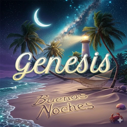 Escena nocturna mágica de una playa tropical con dos palmeras, hamaca de red y un faro iluminado en el horizonte, con la frase 'Buenas Noches' escrita artísticamente en la arena húmeda bajo la luz de la galaxia y la luna. El nombre aparece con letra luminosa grande en medio del cielo entre las dos palmeras. Nombre personalizado: Genesis.
