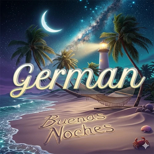 Escena nocturna mágica de una playa tropical con dos palmeras, hamaca de red y un faro iluminado en el horizonte, con la frase 'Buenas Noches' escrita artísticamente en la arena húmeda bajo la luz de la galaxia y la luna. El nombre aparece con letra luminosa grande en medio del cielo entre las dos palmeras. Nombre personalizado: German.
