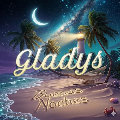 Escena nocturna mágica de una playa tropical con dos palmeras, hamaca de red y un faro iluminado en el horizonte, con la frase 'Buenas Noches' escrita artísticamente en la arena húmeda bajo la luz de la galaxia y la luna. El nombre aparece con letra luminosa grande en medio del cielo entre las dos palmeras. Nombre personalizado: Gladys.