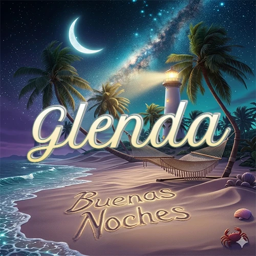 Escena nocturna mágica de una playa tropical con dos palmeras, hamaca de red y un faro iluminado en el horizonte, con la frase 'Buenas Noches' escrita artísticamente en la arena húmeda bajo la luz de la galaxia y la luna. El nombre aparece con letra luminosa grande en medio del cielo entre las dos palmeras. Nombre personalizado: Glenda.