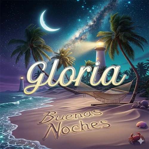 Escena nocturna mágica de una playa tropical con dos palmeras, hamaca de red y un faro iluminado en el horizonte, con la frase 'Buenas Noches' escrita artísticamente en la arena húmeda bajo la luz de la galaxia y la luna. El nombre aparece con letra luminosa grande en medio del cielo entre las dos palmeras. Nombre personalizado: Gloria.