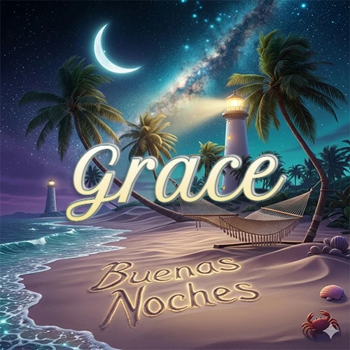 Escena nocturna mágica de una playa tropical con dos palmeras, hamaca de red y un faro iluminado en el horizonte, con la frase 'Buenas Noches' escrita artísticamente en la arena húmeda bajo la luz de la galaxia y la luna. El nombre aparece con letra luminosa grande en medio del cielo entre las dos palmeras. Nombre personalizado: Grace.