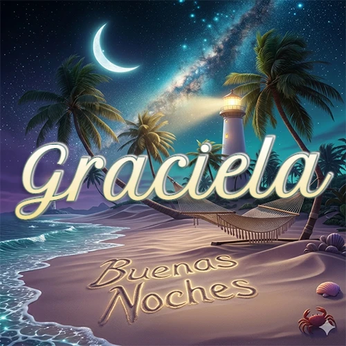 Escena nocturna mágica de una playa tropical con dos palmeras, hamaca de red y un faro iluminado en el horizonte, con la frase 'Buenas Noches' escrita artísticamente en la arena húmeda bajo la luz de la galaxia y la luna. El nombre aparece con letra luminosa grande en medio del cielo entre las dos palmeras. Nombre personalizado: Graciela.