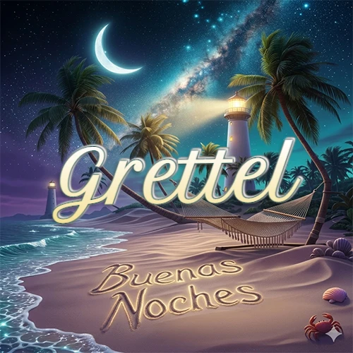 Escena nocturna mágica de una playa tropical con dos palmeras, hamaca de red y un faro iluminado en el horizonte, con la frase 'Buenas Noches' escrita artísticamente en la arena húmeda bajo la luz de la galaxia y la luna. El nombre aparece con letra luminosa grande en medio del cielo entre las dos palmeras. Nombre personalizado: Grettel.