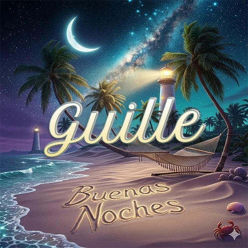 Escena nocturna mágica de una playa tropical con dos palmeras, hamaca de red y un faro iluminado en el horizonte, con la frase 'Buenas Noches' escrita artísticamente en la arena húmeda bajo la luz de la galaxia y la luna. El nombre aparece con letra luminosa grande en medio del cielo entre las dos palmeras. Nombre personalizado: Guille.