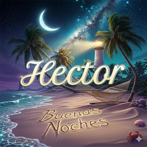 Escena nocturna mágica de una playa tropical con dos palmeras, hamaca de red y un faro iluminado en el horizonte, con la frase 'Buenas Noches' escrita artísticamente en la arena húmeda bajo la luz de la galaxia y la luna. El nombre aparece con letra luminosa grande en medio del cielo entre las dos palmeras. Nombre personalizado: Hector.