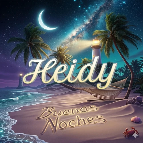 Escena nocturna mágica de una playa tropical con dos palmeras, hamaca de red y un faro iluminado en el horizonte, con la frase 'Buenas Noches' escrita artísticamente en la arena húmeda bajo la luz de la galaxia y la luna. El nombre aparece con letra luminosa grande en medio del cielo entre las dos palmeras. Nombre personalizado: Heidy.