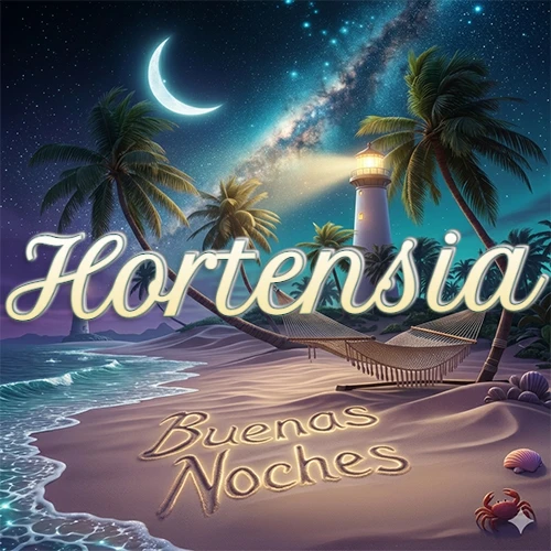 Escena nocturna mágica de una playa tropical con dos palmeras, hamaca de red y un faro iluminado en el horizonte, con la frase 'Buenas Noches' escrita artísticamente en la arena húmeda bajo la luz de la galaxia y la luna. El nombre aparece con letra luminosa grande en medio del cielo entre las dos palmeras. Nombre personalizado: Hortensia.
