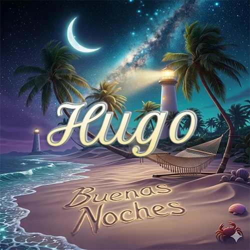 Escena nocturna mágica de una playa tropical con dos palmeras, hamaca de red y un faro iluminado en el horizonte, con la frase 'Buenas Noches' escrita artísticamente en la arena húmeda bajo la luz de la galaxia y la luna. El nombre aparece con letra luminosa grande en medio del cielo entre las dos palmeras. Nombre personalizado: Hugo.