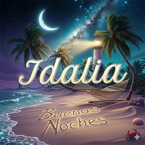 Escena nocturna mágica de una playa tropical con dos palmeras, hamaca de red y un faro iluminado en el horizonte, con la frase 'Buenas Noches' escrita artísticamente en la arena húmeda bajo la luz de la galaxia y la luna. El nombre aparece con letra luminosa grande en medio del cielo entre las dos palmeras. Nombre personalizado: Idalia.