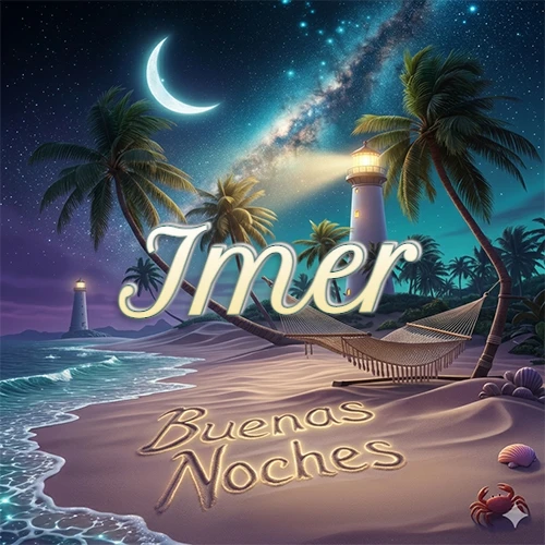 Escena nocturna mágica de una playa tropical con dos palmeras, hamaca de red y un faro iluminado en el horizonte, con la frase 'Buenas Noches' escrita artísticamente en la arena húmeda bajo la luz de la galaxia y la luna. El nombre aparece con letra luminosa grande en medio del cielo entre las dos palmeras. Nombre personalizado: Imer.