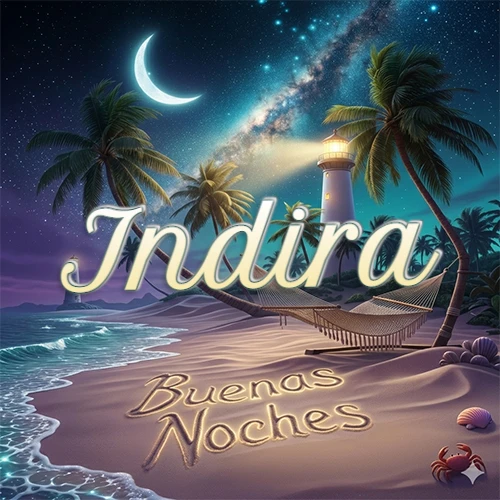 Escena nocturna mágica de una playa tropical con dos palmeras, hamaca de red y un faro iluminado en el horizonte, con la frase 'Buenas Noches' escrita artísticamente en la arena húmeda bajo la luz de la galaxia y la luna. El nombre aparece con letra luminosa grande en medio del cielo entre las dos palmeras. Nombre personalizado: Indira.