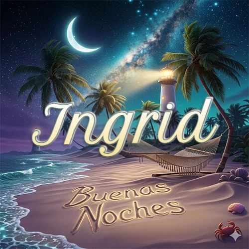 Escena nocturna mágica de una playa tropical con dos palmeras, hamaca de red y un faro iluminado en el horizonte, con la frase 'Buenas Noches' escrita artísticamente en la arena húmeda bajo la luz de la galaxia y la luna. El nombre aparece con letra luminosa grande en medio del cielo entre las dos palmeras. Nombre personalizado: Ingrid.