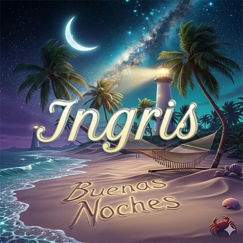 Escena nocturna mágica de una playa tropical con dos palmeras, hamaca de red y un faro iluminado en el horizonte, con la frase 'Buenas Noches' escrita artísticamente en la arena húmeda bajo la luz de la galaxia y la luna. El nombre aparece con letra luminosa grande en medio del cielo entre las dos palmeras. Nombre personalizado: Ingris.