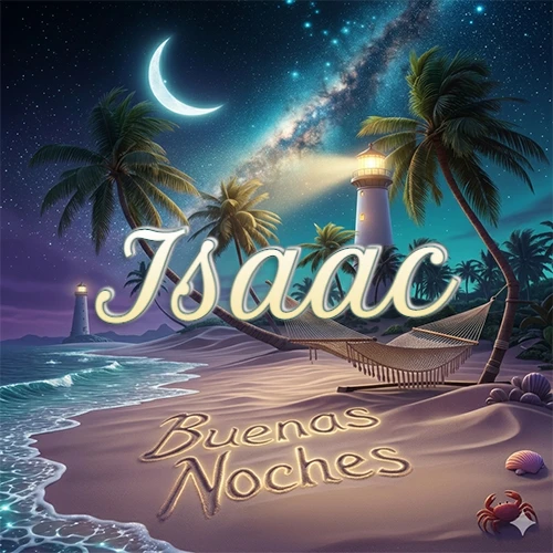 Escena nocturna mágica de una playa tropical con dos palmeras, hamaca de red y un faro iluminado en el horizonte, con la frase 'Buenas Noches' escrita artísticamente en la arena húmeda bajo la luz de la galaxia y la luna. El nombre aparece con letra luminosa grande en medio del cielo entre las dos palmeras. Nombre personalizado: Isaac.