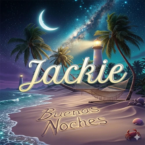 Escena nocturna mágica de una playa tropical con dos palmeras, hamaca de red y un faro iluminado en el horizonte, con la frase 'Buenas Noches' escrita artísticamente en la arena húmeda bajo la luz de la galaxia y la luna. El nombre aparece con letra luminosa grande en medio del cielo entre las dos palmeras. Nombre personalizado: Jackie.