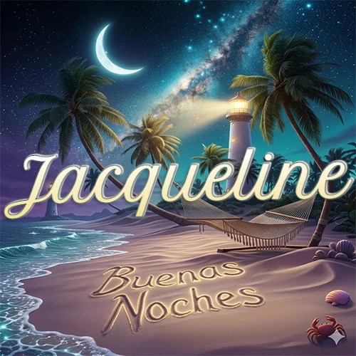 Escena nocturna mágica de una playa tropical con dos palmeras, hamaca de red y un faro iluminado en el horizonte, con la frase 'Buenas Noches' escrita artísticamente en la arena húmeda bajo la luz de la galaxia y la luna. El nombre aparece con letra luminosa grande en medio del cielo entre las dos palmeras. Nombre personalizado: Jacqueline.