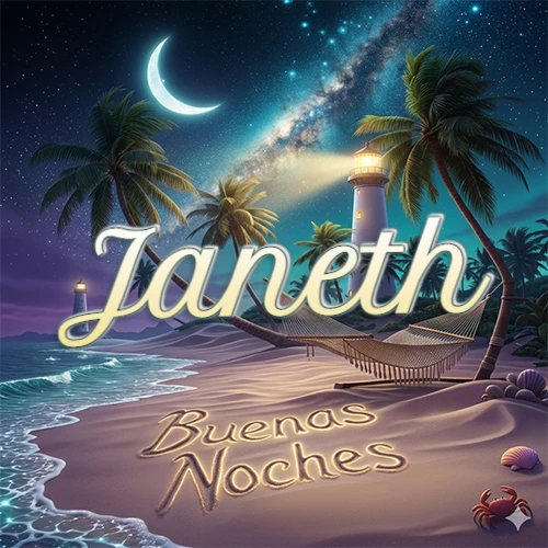 Escena nocturna mágica de una playa tropical con dos palmeras, hamaca de red y un faro iluminado en el horizonte, con la frase 'Buenas Noches' escrita artísticamente en la arena húmeda bajo la luz de la galaxia y la luna. El nombre aparece con letra luminosa grande en medio del cielo entre las dos palmeras. Nombre personalizado: Janeth.