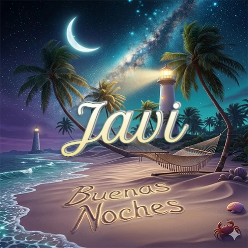 Escena nocturna mágica de una playa tropical con dos palmeras, hamaca de red y un faro iluminado en el horizonte, con la frase 'Buenas Noches' escrita artísticamente en la arena húmeda bajo la luz de la galaxia y la luna. El nombre aparece con letra luminosa grande en medio del cielo entre las dos palmeras. Nombre personalizado: Javi.