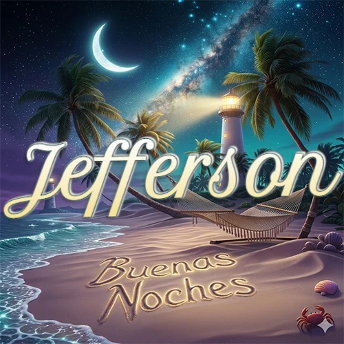 Escena nocturna mágica de una playa tropical con dos palmeras, hamaca de red y un faro iluminado en el horizonte, con la frase 'Buenas Noches' escrita artísticamente en la arena húmeda bajo la luz de la galaxia y la luna. El nombre aparece con letra luminosa grande en medio del cielo entre las dos palmeras. Nombre personalizado: Jefferson.