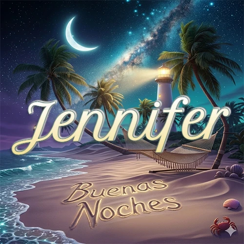 Escena nocturna mágica de una playa tropical con dos palmeras, hamaca de red y un faro iluminado en el horizonte, con la frase 'Buenas Noches' escrita artísticamente en la arena húmeda bajo la luz de la galaxia y la luna. El nombre aparece con letra luminosa grande en medio del cielo entre las dos palmeras. Nombre personalizado: Jennifer.