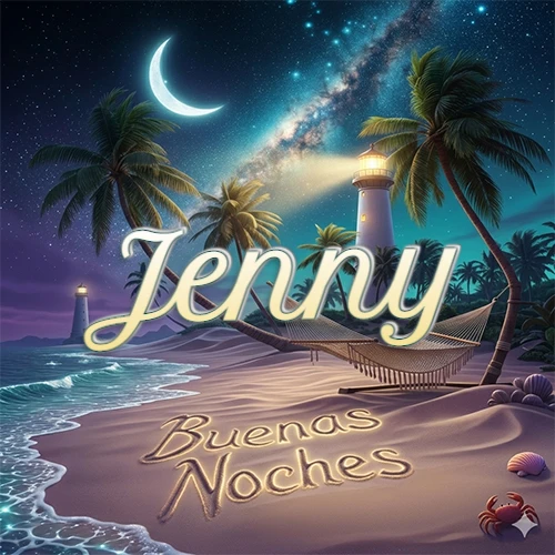 Escena nocturna mágica de una playa tropical con dos palmeras, hamaca de red y un faro iluminado en el horizonte, con la frase 'Buenas Noches' escrita artísticamente en la arena húmeda bajo la luz de la galaxia y la luna. El nombre aparece con letra luminosa grande en medio del cielo entre las dos palmeras. Nombre personalizado: Jenny.