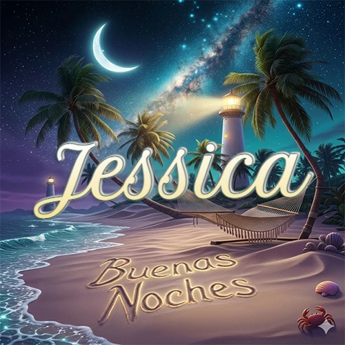 Escena nocturna mágica de una playa tropical con dos palmeras, hamaca de red y un faro iluminado en el horizonte, con la frase 'Buenas Noches' escrita artísticamente en la arena húmeda bajo la luz de la galaxia y la luna. El nombre aparece con letra luminosa grande en medio del cielo entre las dos palmeras. Nombre personalizado: Jessica.