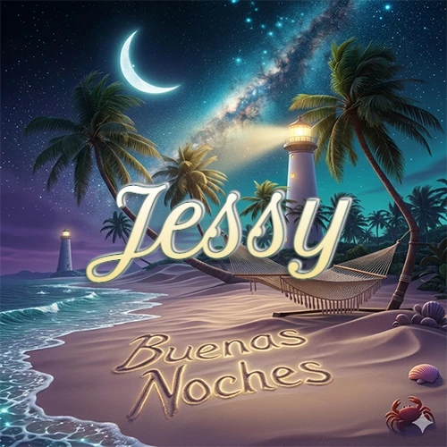 Escena nocturna mágica de una playa tropical con dos palmeras, hamaca de red y un faro iluminado en el horizonte, con la frase 'Buenas Noches' escrita artísticamente en la arena húmeda bajo la luz de la galaxia y la luna. El nombre aparece con letra luminosa grande en medio del cielo entre las dos palmeras. Nombre personalizado: Jessy.
