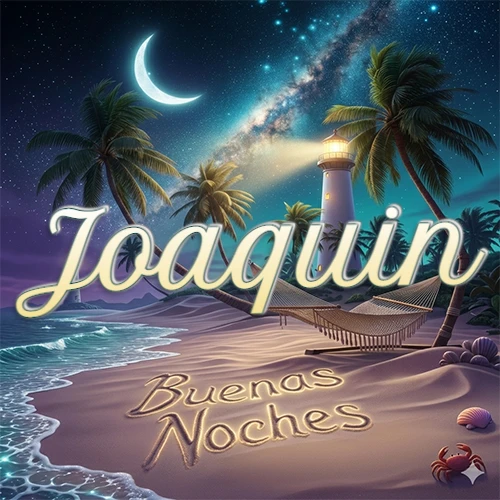 Escena nocturna mágica de una playa tropical con dos palmeras, hamaca de red y un faro iluminado en el horizonte, con la frase 'Buenas Noches' escrita artísticamente en la arena húmeda bajo la luz de la galaxia y la luna. El nombre aparece con letra luminosa grande en medio del cielo entre las dos palmeras. Nombre personalizado: Joaquin.