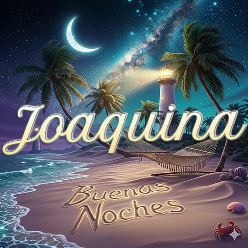 Escena nocturna mágica de una playa tropical con dos palmeras, hamaca de red y un faro iluminado en el horizonte, con la frase 'Buenas Noches' escrita artísticamente en la arena húmeda bajo la luz de la galaxia y la luna. El nombre aparece con letra luminosa grande en medio del cielo entre las dos palmeras. Nombre personalizado: Joaquina.