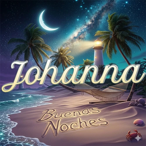 Escena nocturna mágica de una playa tropical con dos palmeras, hamaca de red y un faro iluminado en el horizonte, con la frase 'Buenas Noches' escrita artísticamente en la arena húmeda bajo la luz de la galaxia y la luna. El nombre aparece con letra luminosa grande en medio del cielo entre las dos palmeras. Nombre personalizado: Johanna.