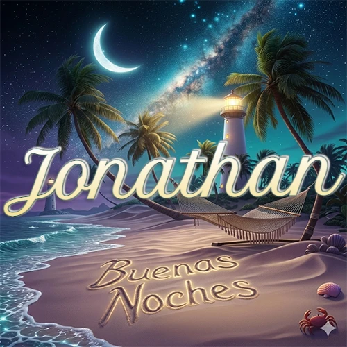 Escena nocturna mágica de una playa tropical con dos palmeras, hamaca de red y un faro iluminado en el horizonte, con la frase 'Buenas Noches' escrita artísticamente en la arena húmeda bajo la luz de la galaxia y la luna. El nombre aparece con letra luminosa grande en medio del cielo entre las dos palmeras. Nombre personalizado: Jonathan.