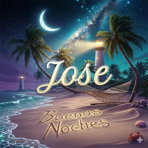 Escena nocturna mágica de una playa tropical con dos palmeras, hamaca de red y un faro iluminado en el horizonte, con la frase 'Buenas Noches' escrita artísticamente en la arena húmeda bajo la luz de la galaxia y la luna. El nombre aparece con letra luminosa grande en medio del cielo entre las dos palmeras. Nombre personalizado: Jose.