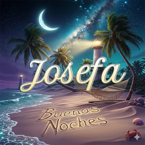 Escena nocturna mágica de una playa tropical con dos palmeras, hamaca de red y un faro iluminado en el horizonte, con la frase 'Buenas Noches' escrita artísticamente en la arena húmeda bajo la luz de la galaxia y la luna. El nombre aparece con letra luminosa grande en medio del cielo entre las dos palmeras. Nombre personalizado: Josefa. Escena nocturna mágica de una playa tropical con dos palmeras, hamaca de red y un faro iluminado en el horizonte, con la frase 'Buenas Noches' escrita artísticamente en la arena húmeda bajo la luz de la galaxia y la luna. El nombre aparece con letra luminosa grande en medio del cielo entre las dos palmeras. Nombre personalizado: Josefa.