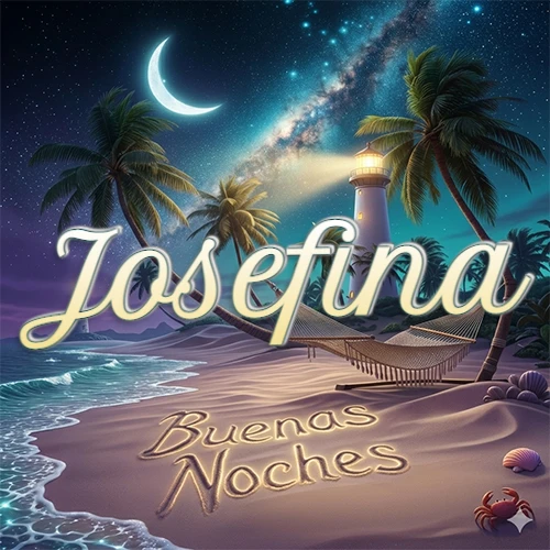 Escena nocturna mágica de una playa tropical con dos palmeras, hamaca de red y un faro iluminado en el horizonte, con la frase 'Buenas Noches' escrita artísticamente en la arena húmeda bajo la luz de la galaxia y la luna. El nombre aparece con letra luminosa grande en medio del cielo entre las dos palmeras. Nombre personalizado: Josefina.