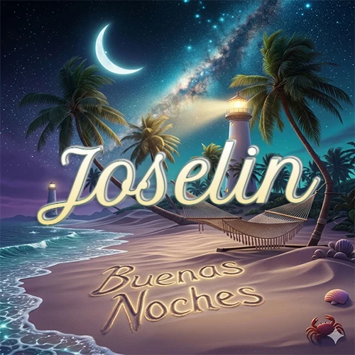 Escena nocturna mágica de una playa tropical con dos palmeras, hamaca de red y un faro iluminado en el horizonte, con la frase 'Buenas Noches' escrita artísticamente en la arena húmeda bajo la luz de la galaxia y la luna. El nombre aparece con letra luminosa grande en medio del cielo entre las dos palmeras. Nombre personalizado: Joselin.