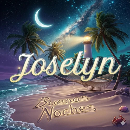 Escena nocturna mágica de una playa tropical con dos palmeras, hamaca de red y un faro iluminado en el horizonte, con la frase 'Buenas Noches' escrita artísticamente en la arena húmeda bajo la luz de la galaxia y la luna. El nombre aparece con letra luminosa grande en medio del cielo entre las dos palmeras. Nombre personalizado: Joselyn. Escena nocturna mágica de una playa tropical con dos palmeras, hamaca de red y un faro iluminado en el horizonte, con la frase 'Buenas Noches' escrita artísticamente en la arena húmeda bajo la luz de la galaxia y la luna. El nombre aparece con letra luminosa grande en medio del cielo entre las dos palmeras. Nombre personalizado: Joselyn.