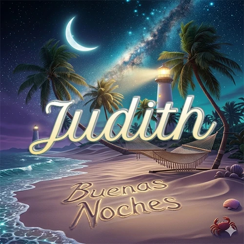 Escena nocturna mágica de una playa tropical con dos palmeras, hamaca de red y un faro iluminado en el horizonte, con la frase 'Buenas Noches' escrita artísticamente en la arena húmeda bajo la luz de la galaxia y la luna. El nombre aparece con letra luminosa grande en medio del cielo entre las dos palmeras. Nombre personalizado: Judith.