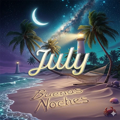 Escena nocturna mágica de una playa tropical con dos palmeras, hamaca de red y un faro iluminado en el horizonte, con la frase 'Buenas Noches' escrita artísticamente en la arena húmeda bajo la luz de la galaxia y la luna. El nombre aparece con letra luminosa grande en medio del cielo entre las dos palmeras. Nombre personalizado: July.