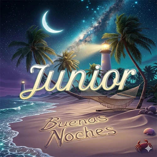 Escena nocturna mágica de una playa tropical con dos palmeras, hamaca de red y un faro iluminado en el horizonte, con la frase 'Buenas Noches' escrita artísticamente en la arena húmeda bajo la luz de la galaxia y la luna. El nombre aparece con letra luminosa grande en medio del cielo entre las dos palmeras. Nombre personalizado: Junior.