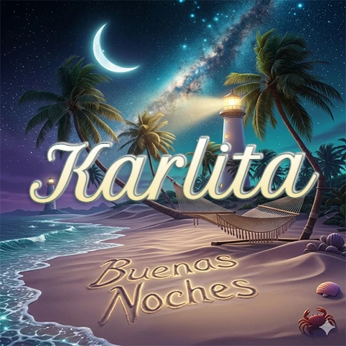 Escena nocturna mágica de una playa tropical con dos palmeras, hamaca de red y un faro iluminado en el horizonte, con la frase 'Buenas Noches' escrita artísticamente en la arena húmeda bajo la luz de la galaxia y la luna. El nombre aparece con letra luminosa grande en medio del cielo entre las dos palmeras. Nombre personalizado: Karlita.