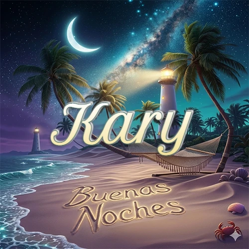Escena nocturna mágica de una playa tropical con dos palmeras, hamaca de red y un faro iluminado en el horizonte, con la frase 'Buenas Noches' escrita artísticamente en la arena húmeda bajo la luz de la galaxia y la luna. El nombre aparece con letra luminosa grande en medio del cielo entre las dos palmeras. Nombre personalizado: Kary.