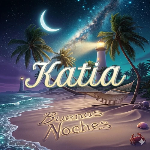 Escena nocturna mágica de una playa tropical con dos palmeras, hamaca de red y un faro iluminado en el horizonte, con la frase 'Buenas Noches' escrita artísticamente en la arena húmeda bajo la luz de la galaxia y la luna. El nombre aparece con letra luminosa grande en medio del cielo entre las dos palmeras. Nombre personalizado: Katia.