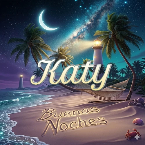 Escena nocturna mágica de una playa tropical con dos palmeras, hamaca de red y un faro iluminado en el horizonte, con la frase 'Buenas Noches' escrita artísticamente en la arena húmeda bajo la luz de la galaxia y la luna. El nombre aparece con letra luminosa grande en medio del cielo entre las dos palmeras. Nombre personalizado: Katy.