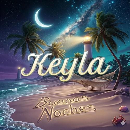 Escena nocturna mágica de una playa tropical con dos palmeras, hamaca de red y un faro iluminado en el horizonte, con la frase 'Buenas Noches' escrita artísticamente en la arena húmeda bajo la luz de la galaxia y la luna. El nombre aparece con letra luminosa grande en medio del cielo entre las dos palmeras. Nombre personalizado: Keyla.