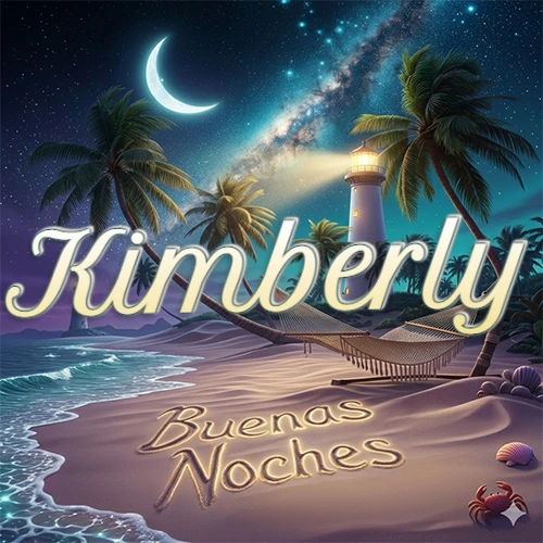 Escena nocturna mágica de una playa tropical con dos palmeras, hamaca de red y un faro iluminado en el horizonte, con la frase 'Buenas Noches' escrita artísticamente en la arena húmeda bajo la luz de la galaxia y la luna. El nombre aparece con letra luminosa grande en medio del cielo entre las dos palmeras. Nombre personalizado: Kimberly.