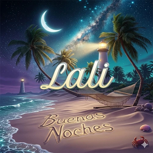 Escena nocturna mágica de una playa tropical con dos palmeras, hamaca de red y un faro iluminado en el horizonte, con la frase 'Buenas Noches' escrita artísticamente en la arena húmeda bajo la luz de la galaxia y la luna. El nombre aparece con letra luminosa grande en medio del cielo entre las dos palmeras. Nombre personalizado: Lali.