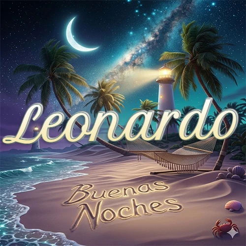 Escena nocturna mágica de una playa tropical con dos palmeras, hamaca de red y un faro iluminado en el horizonte, con la frase 'Buenas Noches' escrita artísticamente en la arena húmeda bajo la luz de la galaxia y la luna. El nombre aparece con letra luminosa grande en medio del cielo entre las dos palmeras. Nombre personalizado: Leonardo.