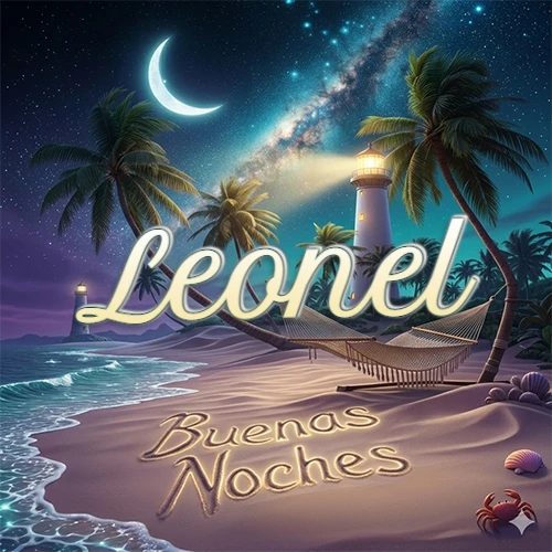 Escena nocturna mágica de una playa tropical con dos palmeras, hamaca de red y un faro iluminado en el horizonte, con la frase 'Buenas Noches' escrita artísticamente en la arena húmeda bajo la luz de la galaxia y la luna. El nombre aparece con letra luminosa grande en medio del cielo entre las dos palmeras. Nombre personalizado: Leonel. Escena nocturna mágica de una playa tropical con dos palmeras, hamaca de red y un faro iluminado en el horizonte, con la frase 'Buenas Noches' escrita artísticamente en la arena húmeda bajo la luz de la galaxia y la luna. El nombre aparece con letra luminosa grande en medio del cielo entre las dos palmeras. Nombre personalizado: Leonel.